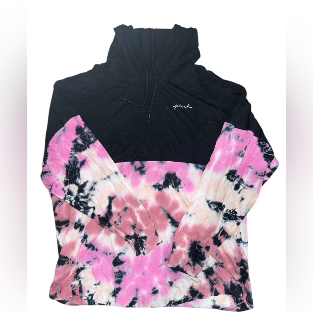 PINK Victoria's Secret Black and Pink Tie-Dye Hoodie
